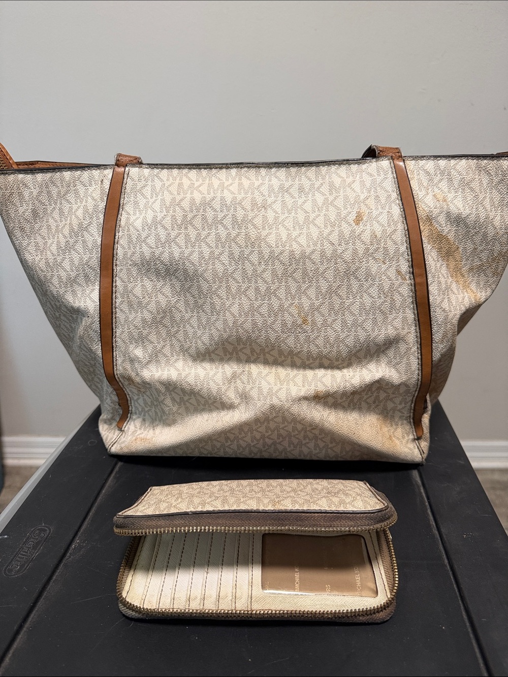 Michael Kors Cream Monogram Tote with Brown Trim and Zip Wallet